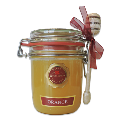Brezzo Orange Blossom Honey Jar of Brezzo Orange Blossom Honey with honey dipper and red bow