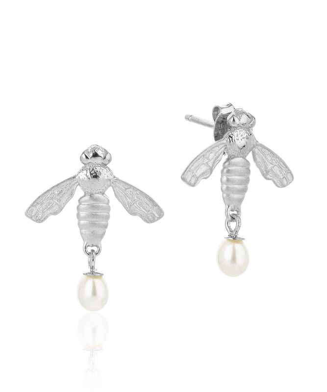 Flying Bee Stud Earrings with Pearl Drop