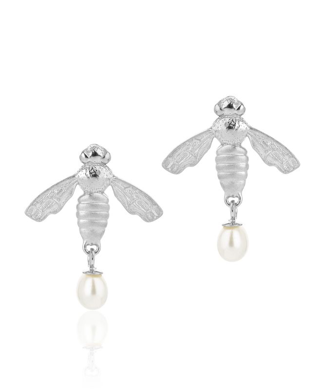 Flying Bee Stud Earrings with Pearl Drop