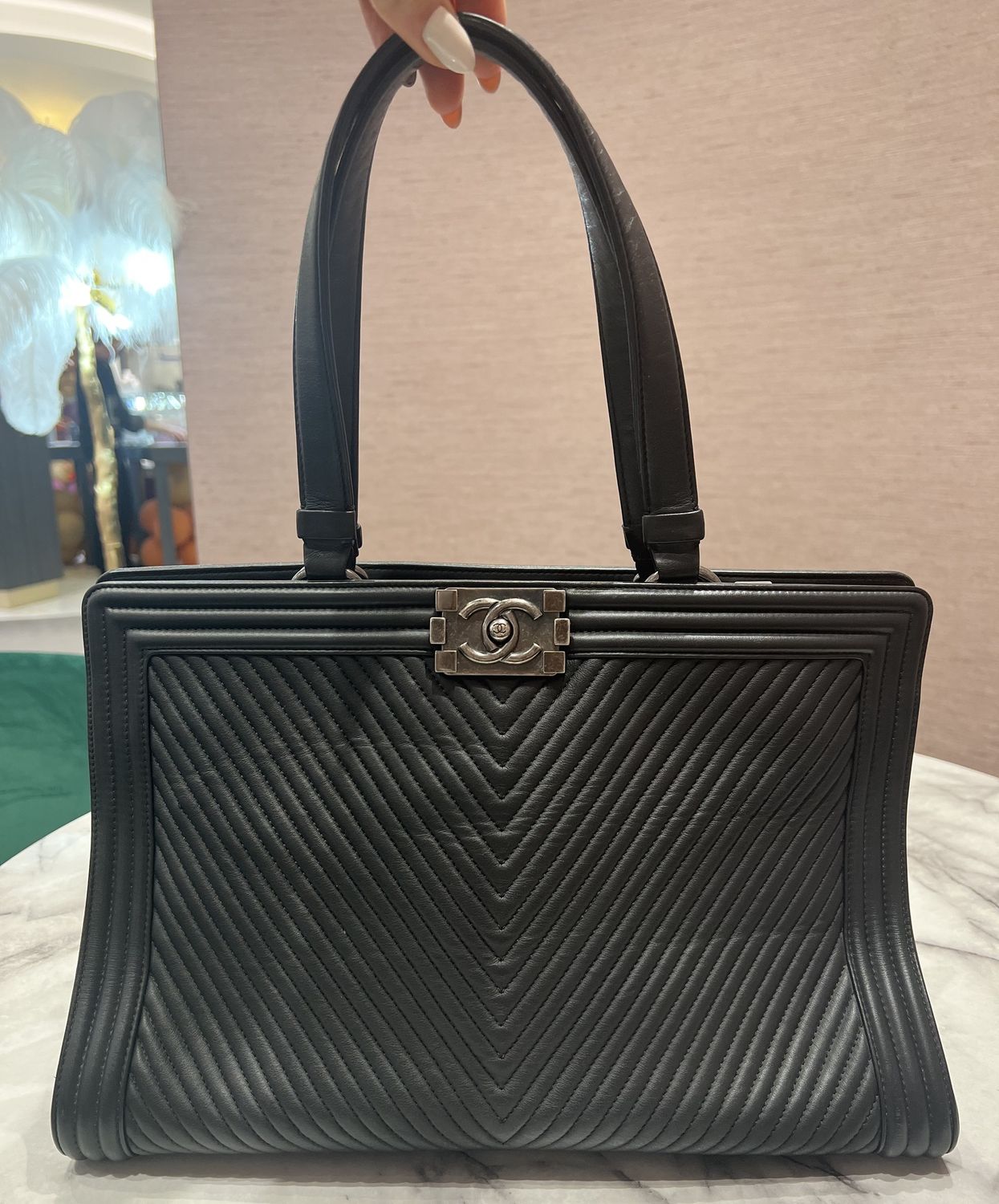 Pre-Owned Chanel Chevron Boy Tote in Black Calfskin and Ruthenium Hardware