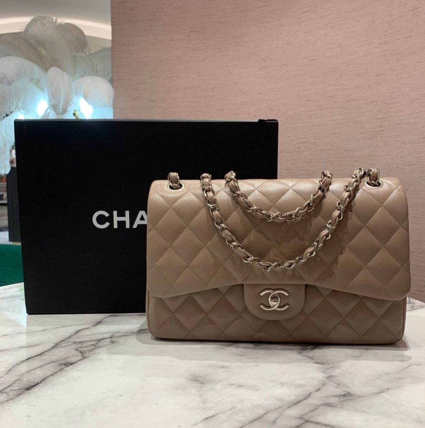 Chanel Classic Jumbo Double Flap 14B Taupe Caviar Leather SHW