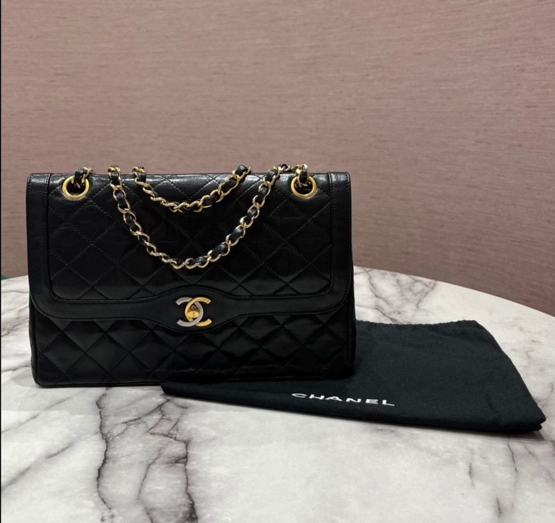 Pre-Owned Chanel Paris Limited Edition Two-Tone Double Flap in Black Lambskin