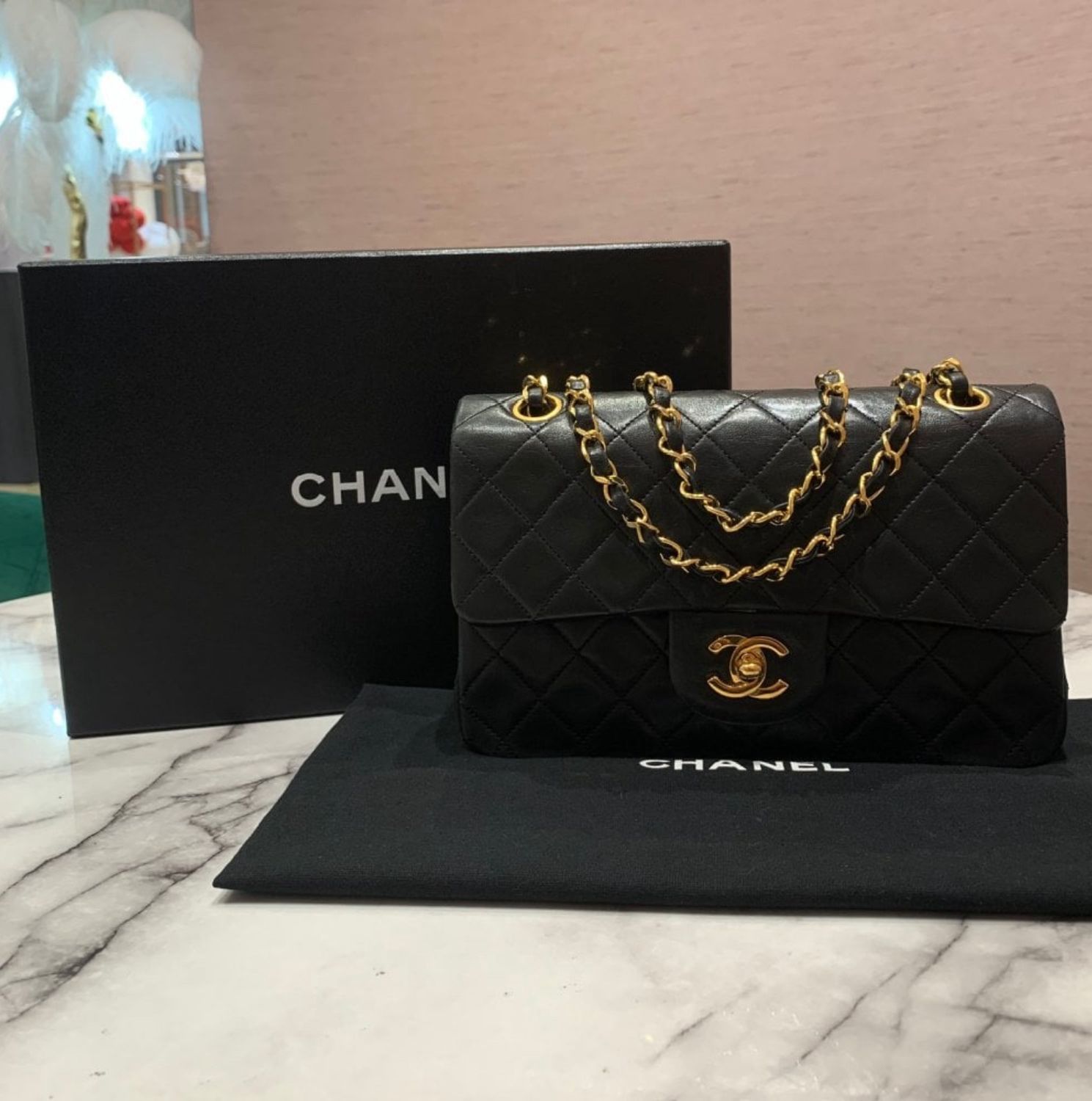 Pre-Owned Chanel Vintage Classic Small Double Flap in Black Lambskin with 24K Gold Plated Hardware