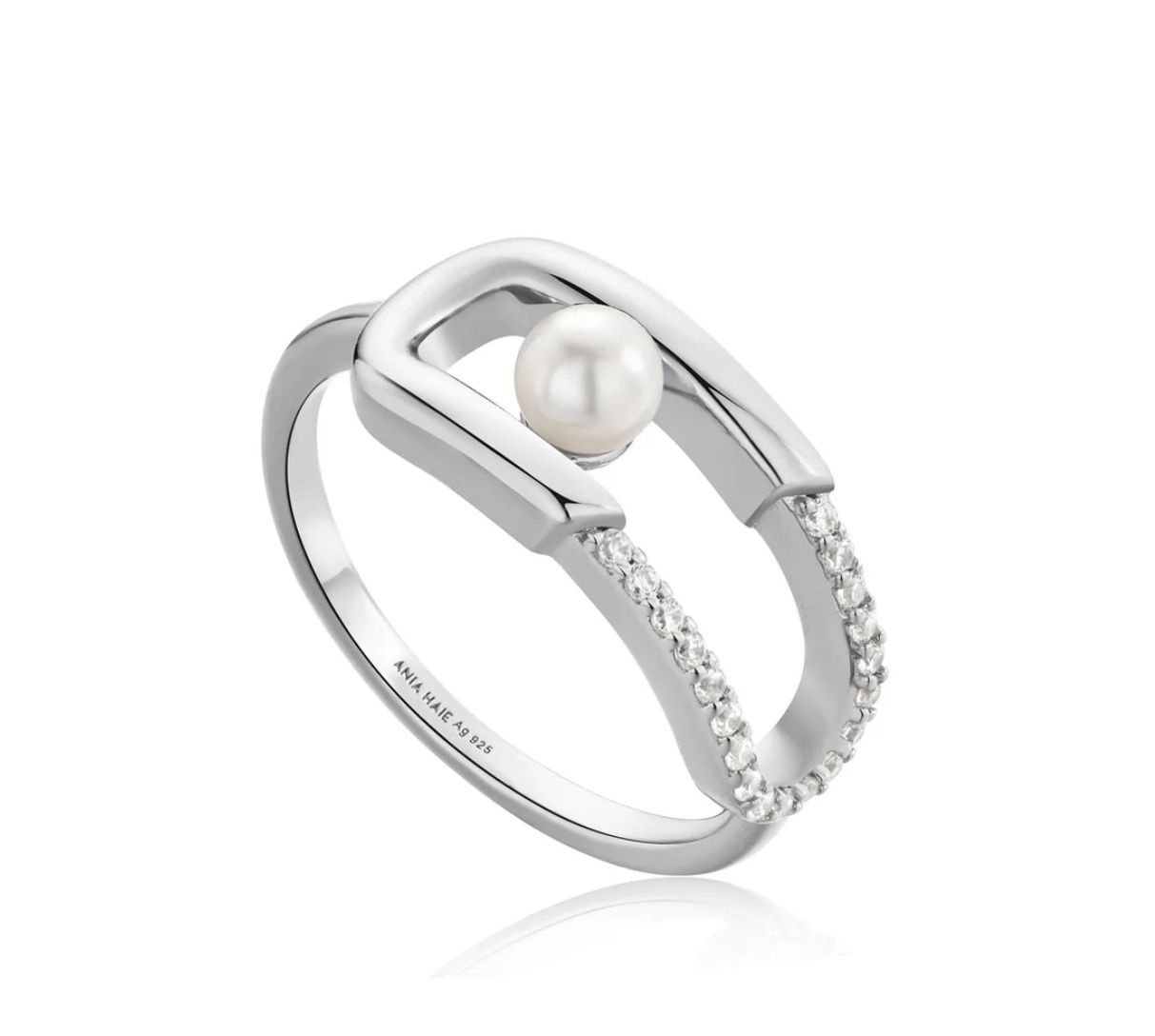 Silver Pearl &amp; CZ Interlocking Ring, Metal: Sterling Silver, Ring Size: N (54)