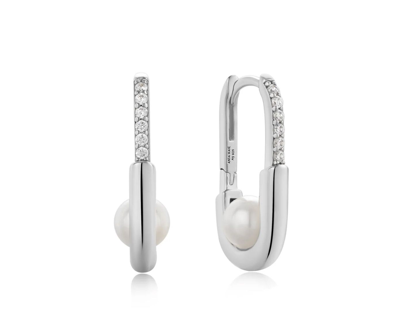 Silver Pearl &amp; CZ  Interlocking Oval Hoop Earrings