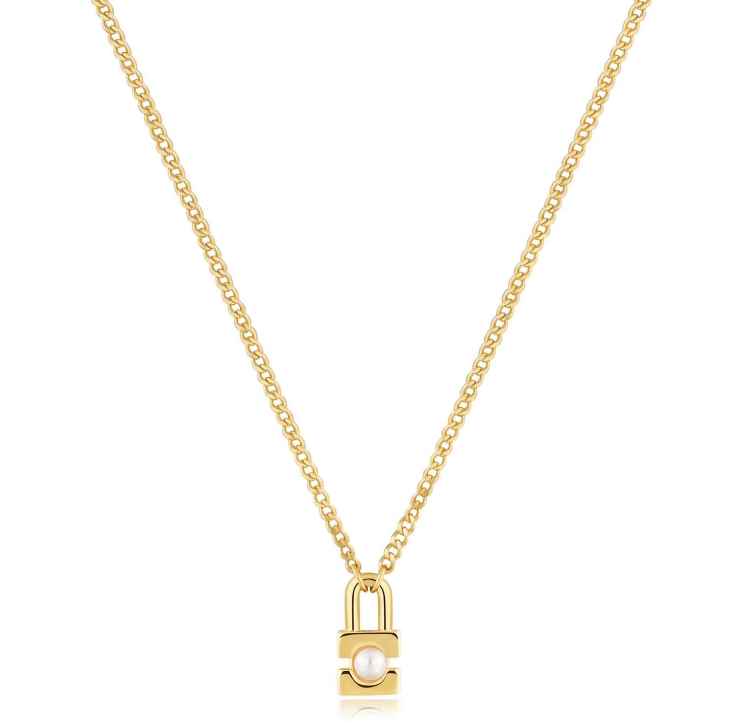 Pearl Padlock Necklace, Material: Silver with 14ct Gold Plating