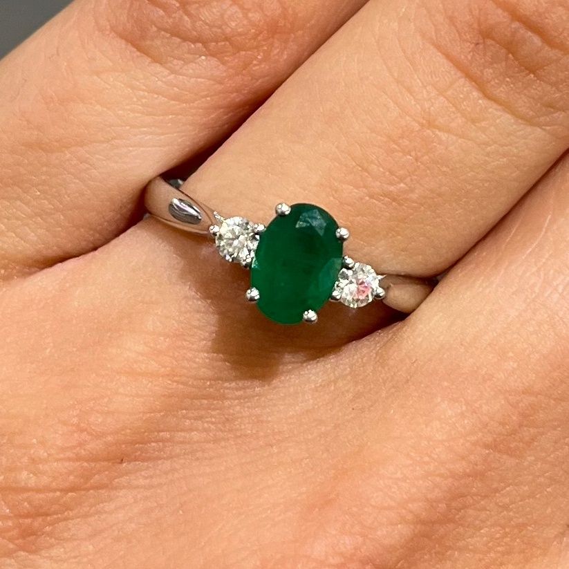 18ct White Gold 0.68ct Emerald &amp; 0.14ct Diamond Trilogy Ring