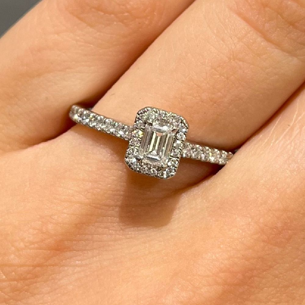 Platinum 0.30ct Emerald Cut Diamond Halo Ring with Shoulders