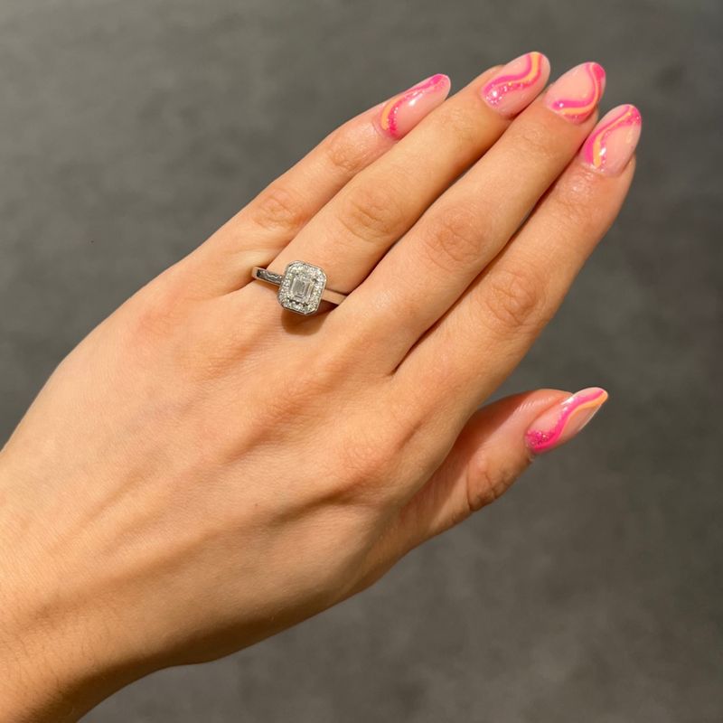 Platinum 0.50ct Emerald Cut Diamond Solitaire Halo Ring