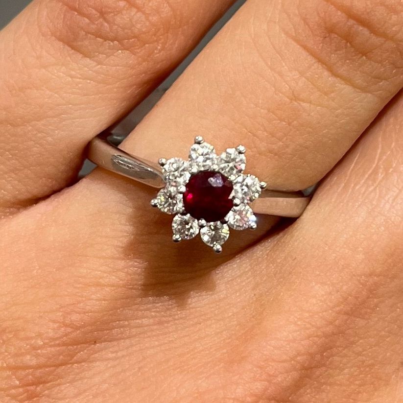 18ct White Gold 0.46ct Ruby &amp; 0.36ct Diamond Cluster Ring