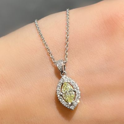 Platinum Fancy Yellow Marquise 0.65ct Diamond Halo Necklace