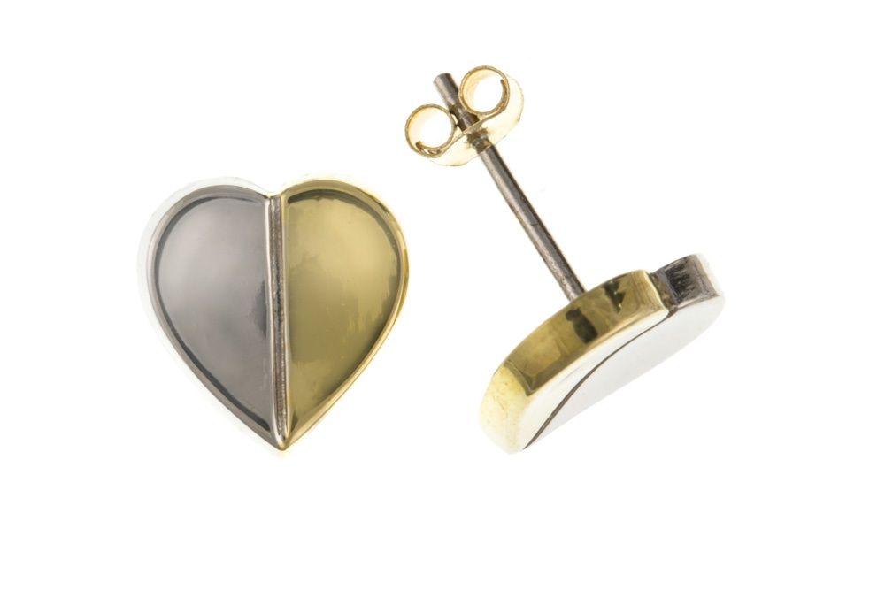 9ct Yellow &amp; White Gold Heart Stud Earrings