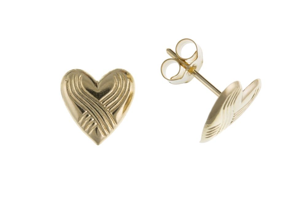 9ct Yellow Gold Patterned Heart Stud Earrings