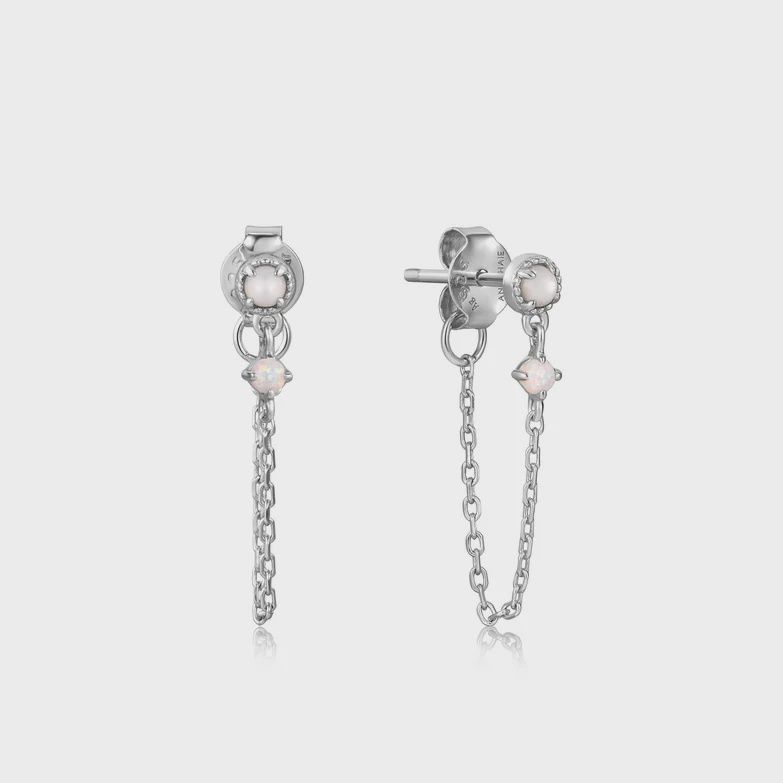 Silver Mother of Pearl and Kyoto Opal Chain Drop Stud Earrings