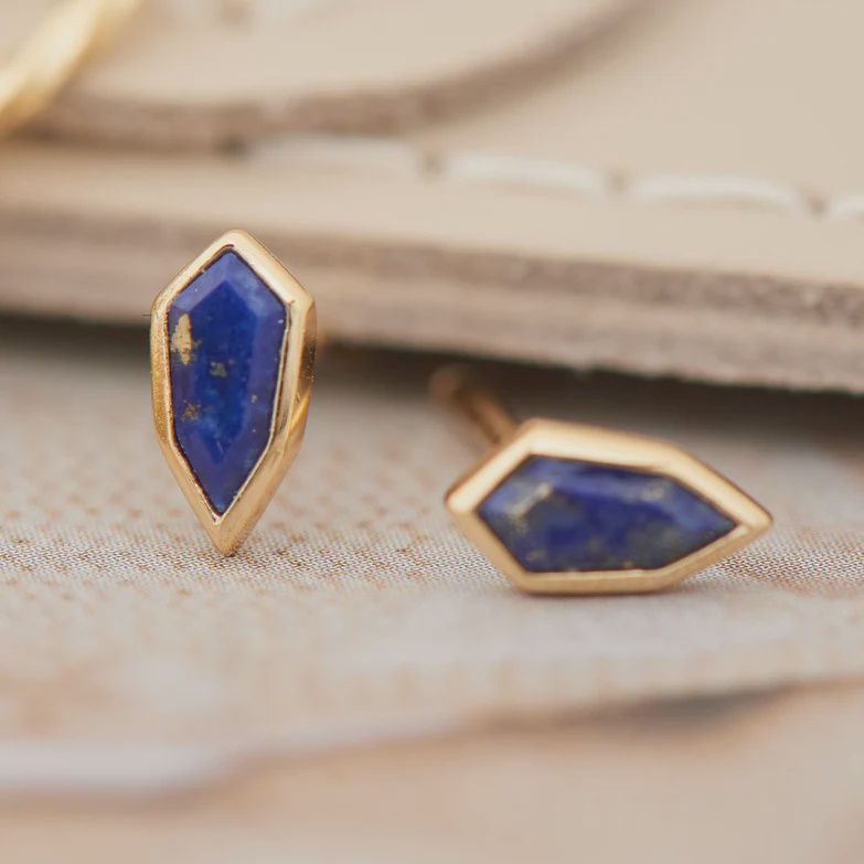 Silver Gold Plated Lapis Emblem Stud Earrings