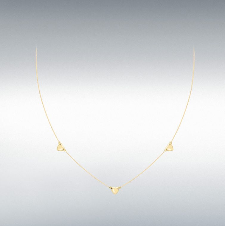 9ct Yellow Gold Three Heart Charm Box Chain 16.5&quot; Necklace