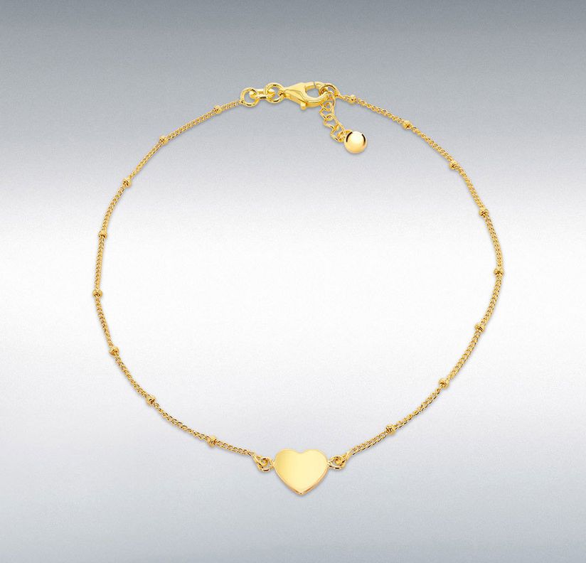 Silver Yellow Gold-Plated Heart and Ball 9.5&quot; Anklet