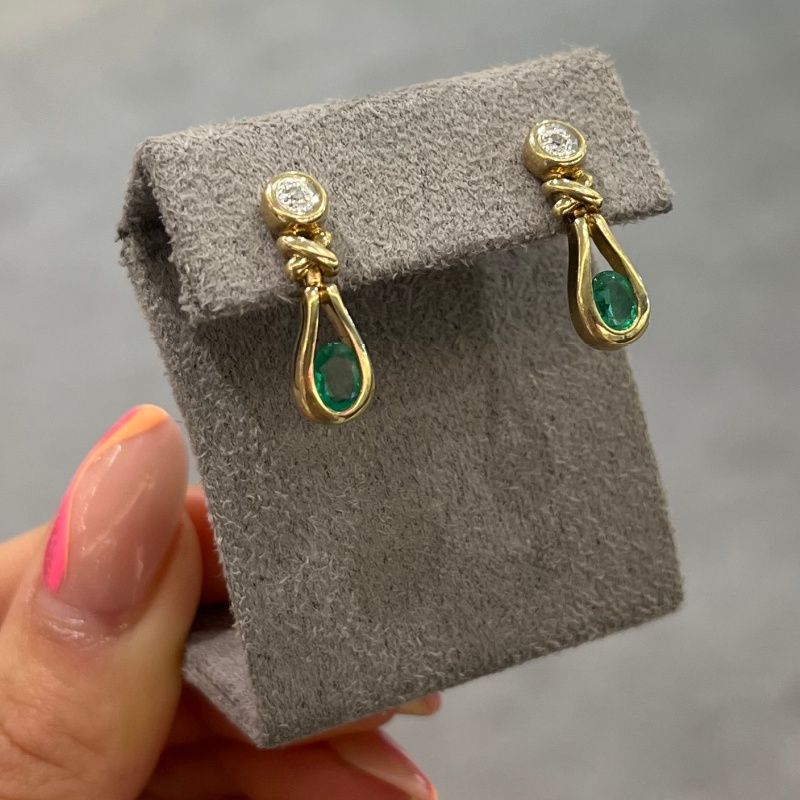 Pre-Owned 9ct Yellow Gold 0.60ct Emerald &amp; Diamond Drop Stud Earrings
