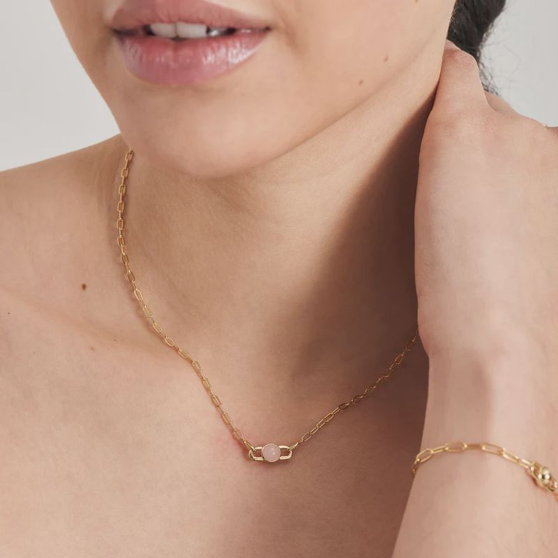Silver Gold Plated Orb Rose Quartz Link Necklace