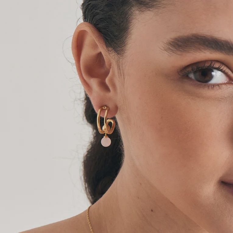 Silver Gold Plated Orb Rose Quartz Stud Mini Hoop Earrings