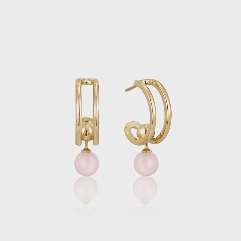 Silver Gold Plated Orb Rose Quartz Stud Mini Hoop Earrings