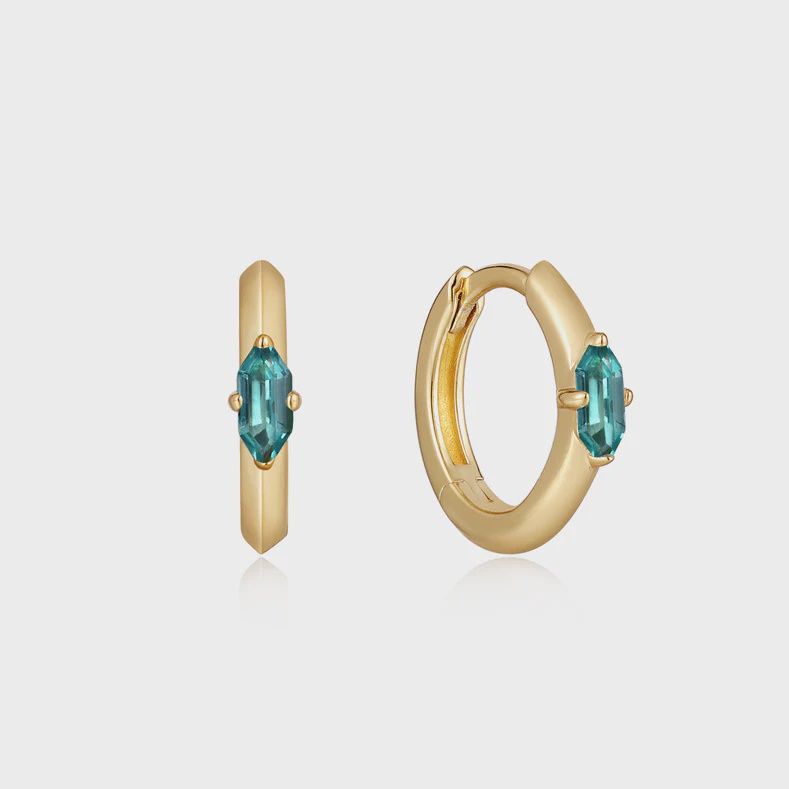 Silver Gold Plated Teal Sparkle Emblem Huggie Hoop Earrings
