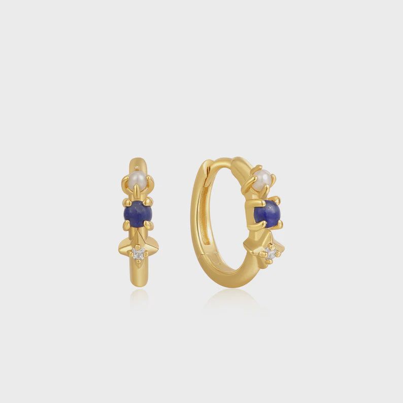 Silver Gold Plated Lapis Star Huggie Hoop Earrings