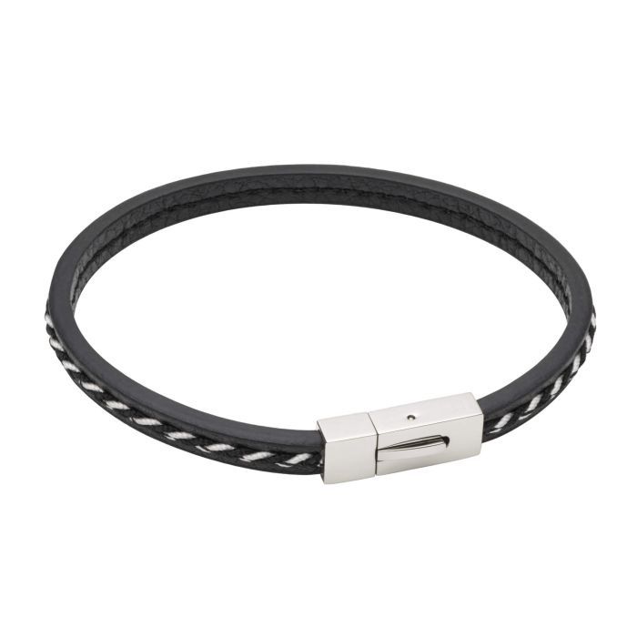 Black Recycled Leather Men&#39;s Bracelet with Cord Detail