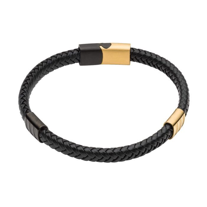 S/Steel Black Leather Bracelet with Black IP &amp; Yellow Gold-Plating