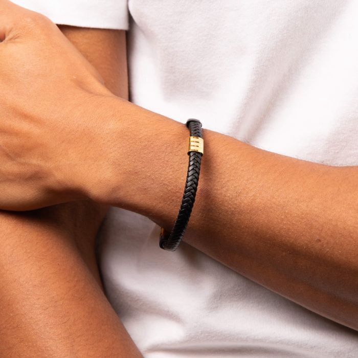 S/Steel Black Leather Bracelet with Black IP &amp; Yellow Gold-Plating