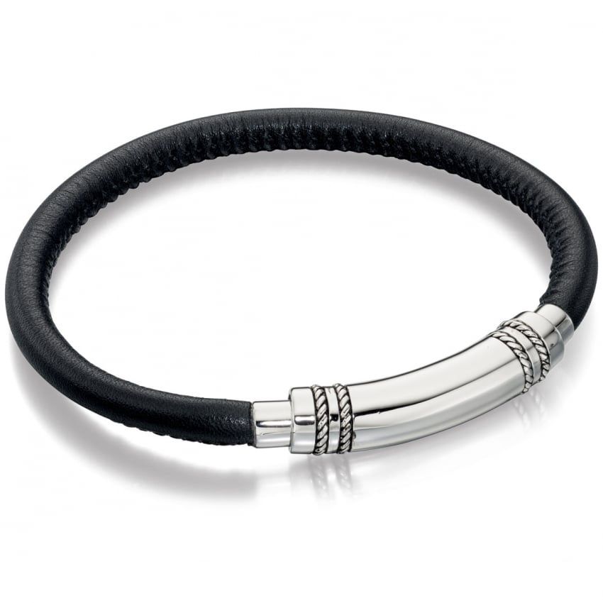 Men&#39;s Smooth Black Leather Bracelet Magnetic Clasp