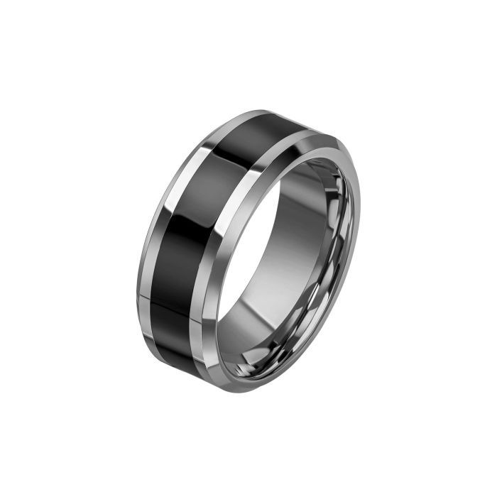 Tungsten Ring with Black Enamel Stripe, Size: 58