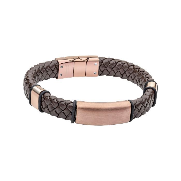 Coffee-Plated S/Steel &amp; Woven Brown Leather Bracelet
