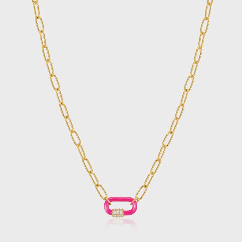 Neon Pink Enamel Carabiner Gold Necklace