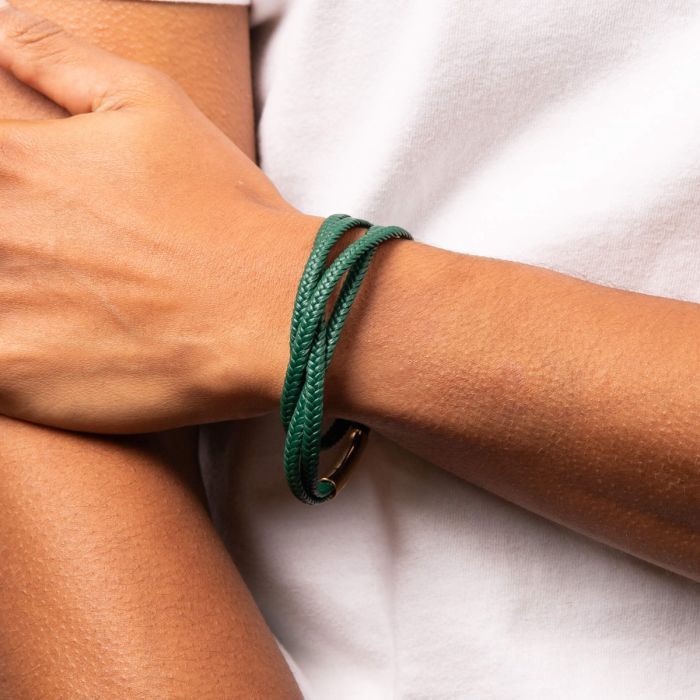 Multi Row Plaited Green Recycled Leather Men's Bracelet