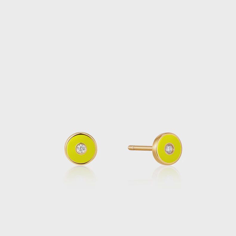 Neon Yellow Enamel Disc Silver Gold Plated Stud Earrings