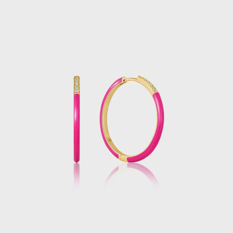Neon Pink Enamel Silver Gold Plated Sparkle Hoop Earrings