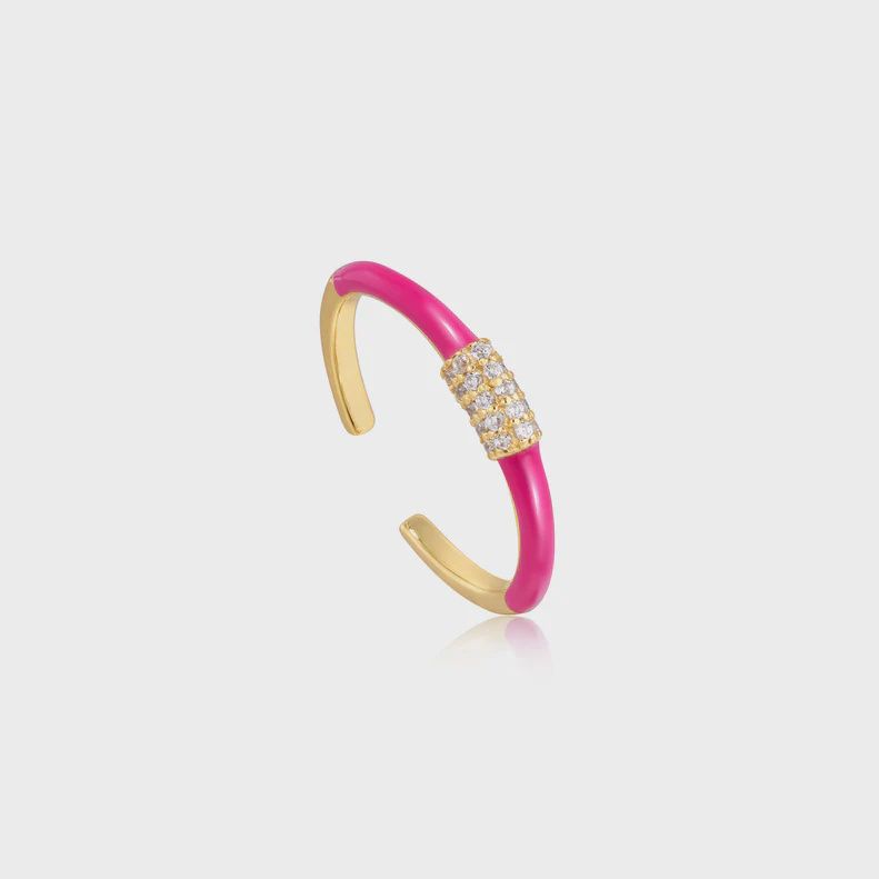 Neon Pink Enamel Carabiner Silver Gold Plated Adjustable Ring Neon Pink Enamel Carabiner Silver Gold Plated Adjustable Ring
