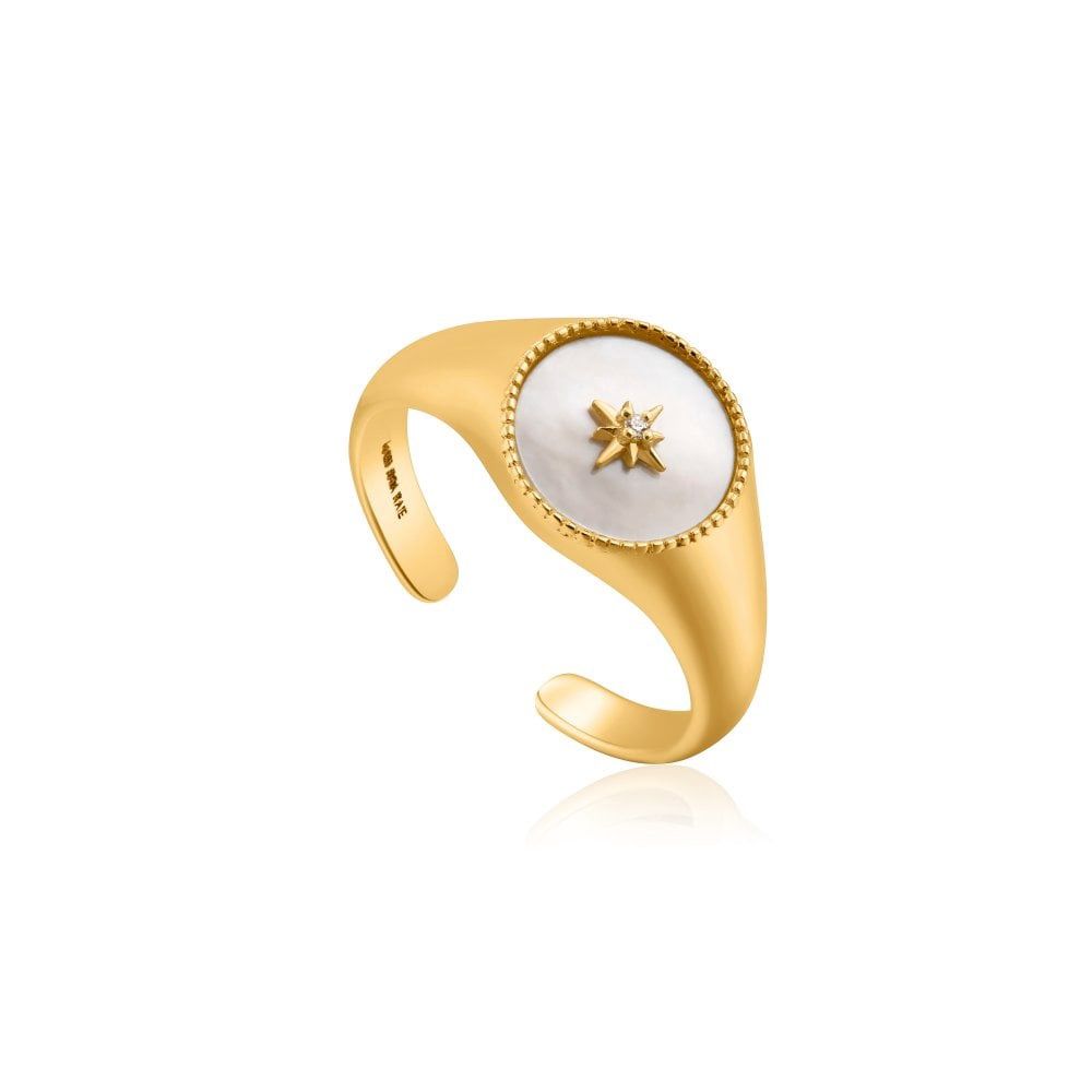 Hidden Gem Shiny Silver Gold Plated Mother Of Pearl Emblem Signet Ring
