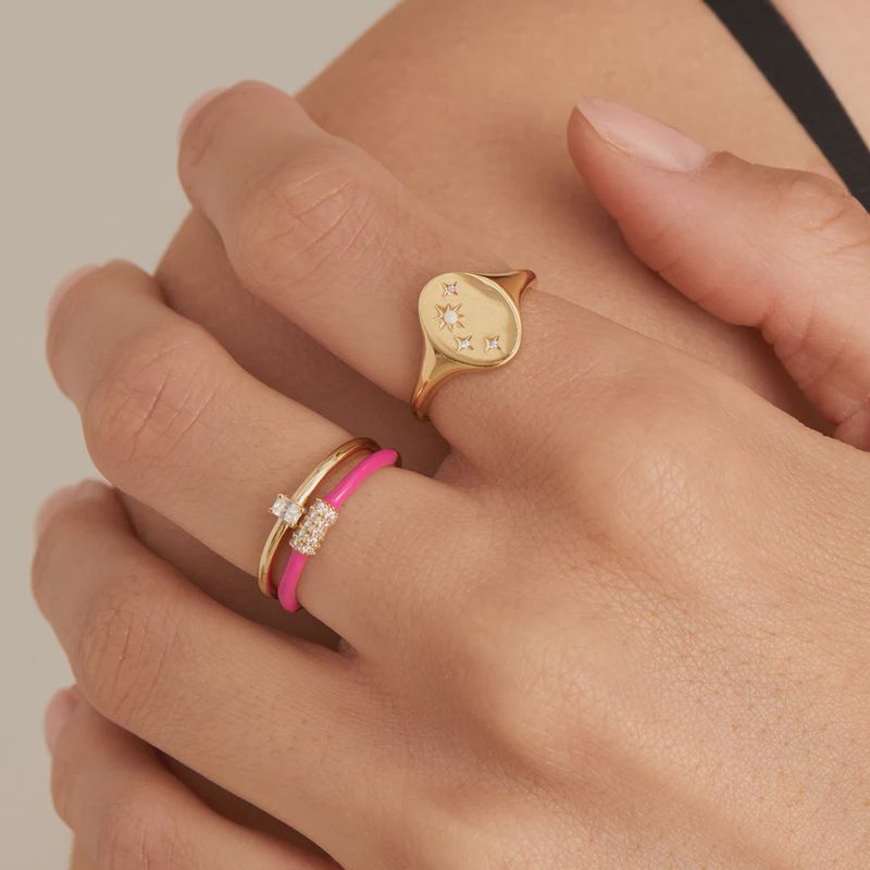 Neon Pink Enamel Carabiner Silver Gold Plated Adjustable Ring