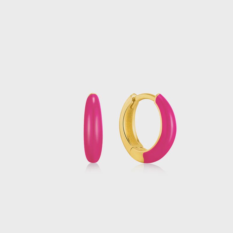 Neon Pink Enamel Silver Gold Plated Sleek Huggie Hoop Earrings Neon Pink Enamel Silver Gold Plated Sleek Huggie Hoop Earrings