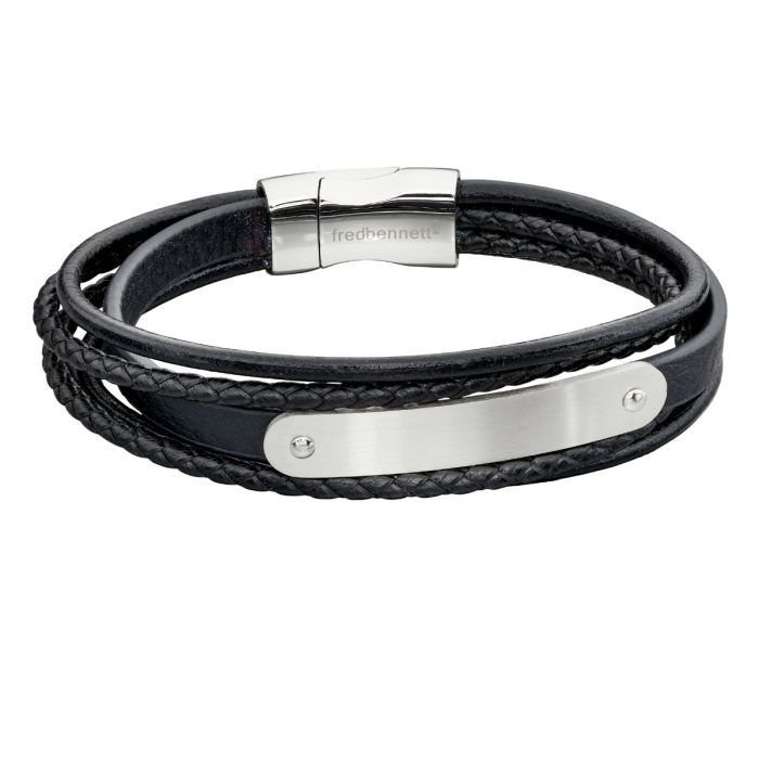 Multi Band Men&#39;s Leather Bracelet With Steel ID Bar