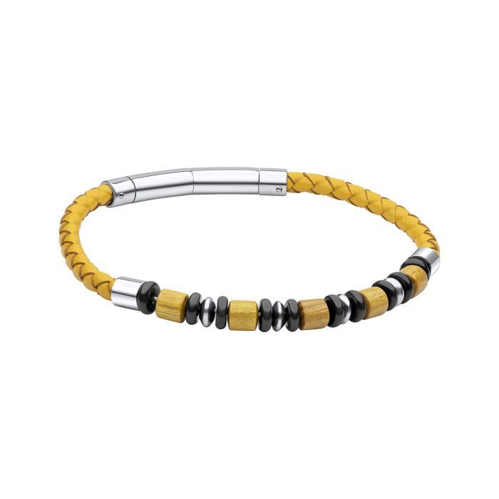 Mustard Men&#39; s Leather Bracelet with Wood and Black Onyx Beads
