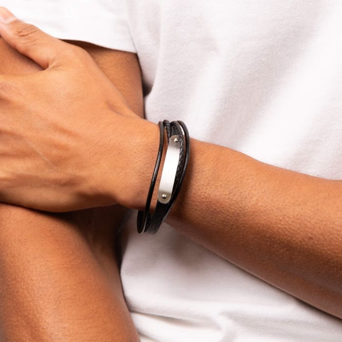 Multi Band Men's Leather Bracelet With Steel ID Bar