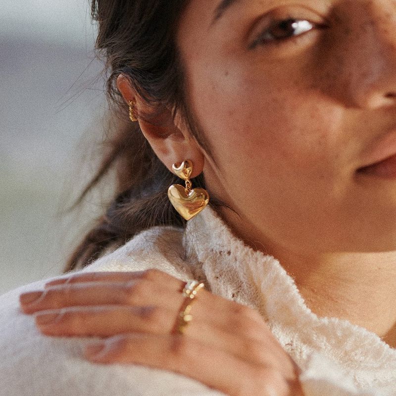 Recycled Brass 18ct Plated Gold Double Heart Drop Earrings