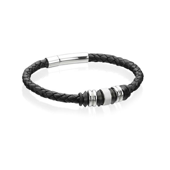 Men&#39;s Black Leather Bracelet with Black IP Beads Bracelet