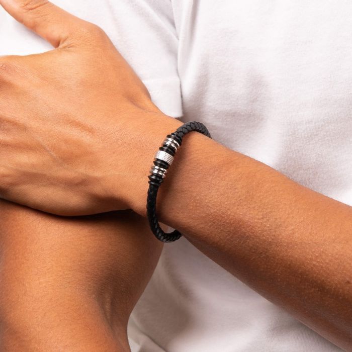 Men's Black Leather Bracelet with Black IP Beads Bracelet
