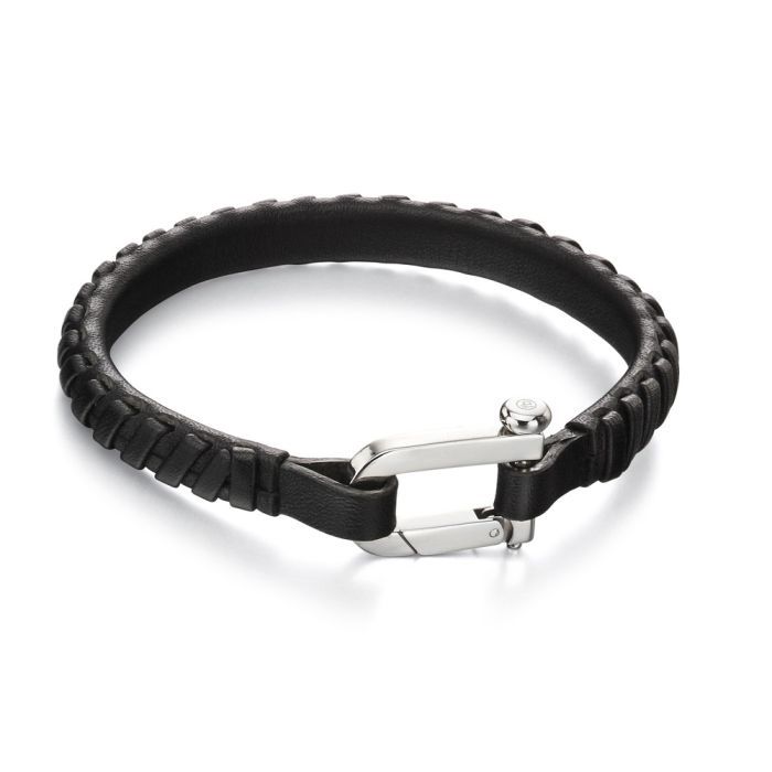 Black Plaited Men&#39;s Leather Bracelet with Statement Clasp