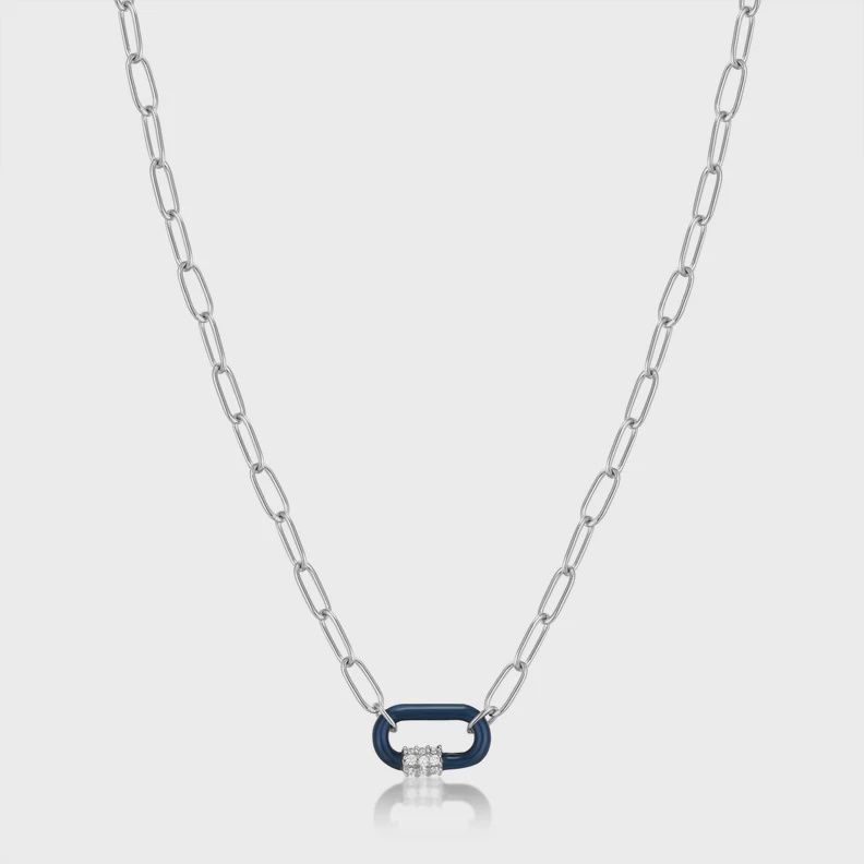 Navy Blue Enamel Carabiner Silver Necklace