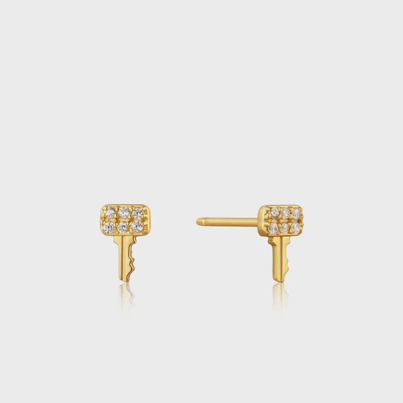 Silver Gold Plated Key Sparkle Stud Earrings